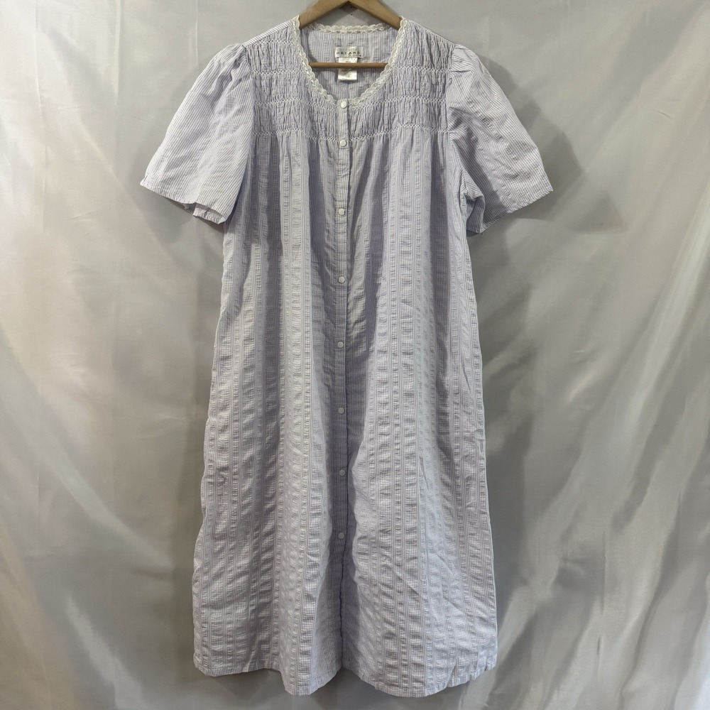 Vtg Blue White Pinstripe Seersucker Nightgown Snap‎ House Coat Pjs Muumuu M